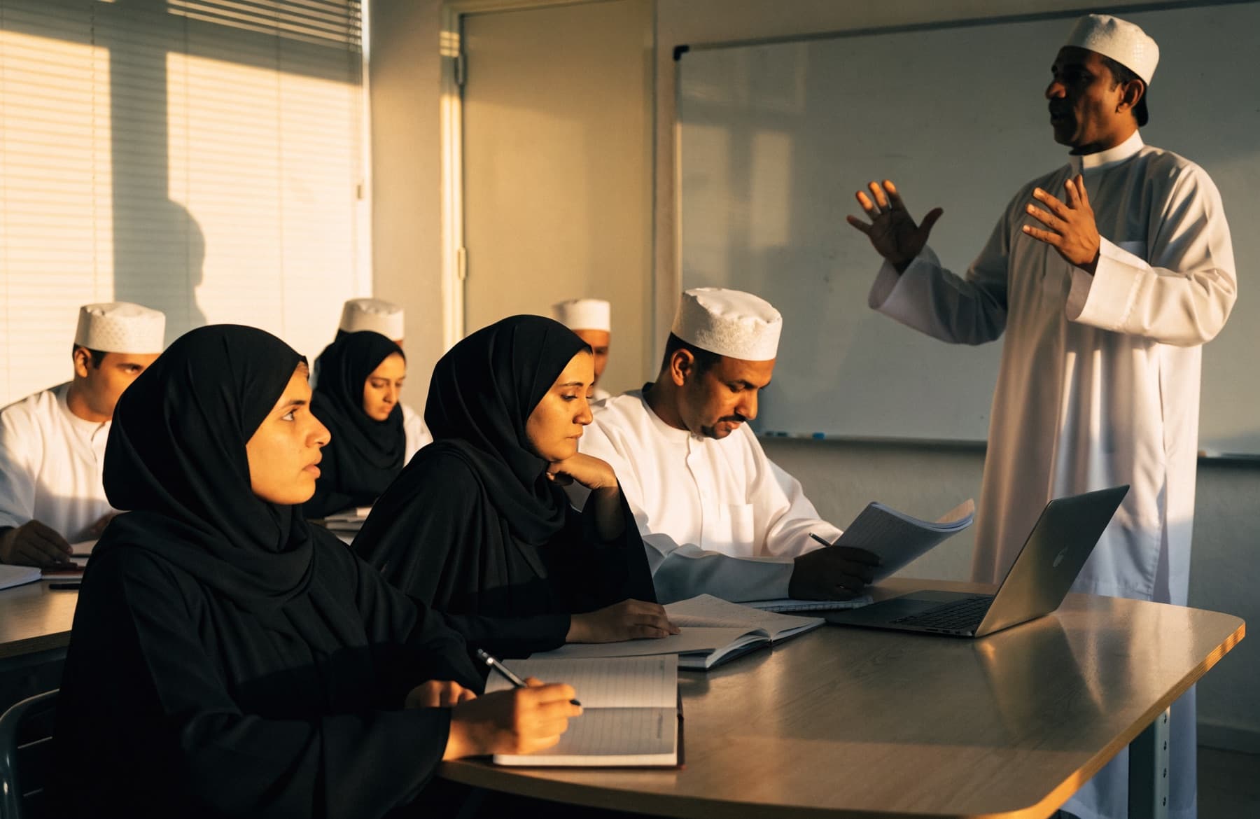 Omani adults in an English class with a teacher at the whiteboard
